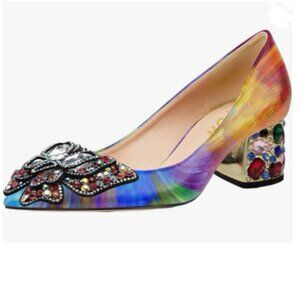 YDN Multi Pointed Toe Bow Pump Colorful Rhinestone Block Low Heel Butterfly Shoe